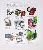 Load image into Gallery viewer, Adventure Essentials Art Print 11x14in, Home Decor, Travel Art, Wall Artwork
