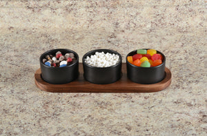 Black Ceramic Condiment Set on Acacia Wood Base
